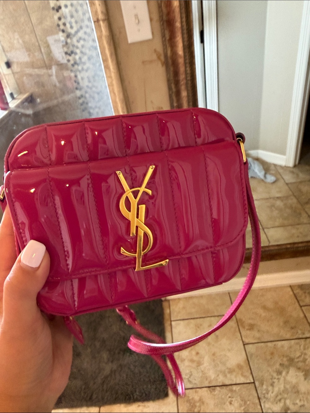 Saint Laurent Quilted Patent Crossbody in Fuchsia Pink with Gold Logo